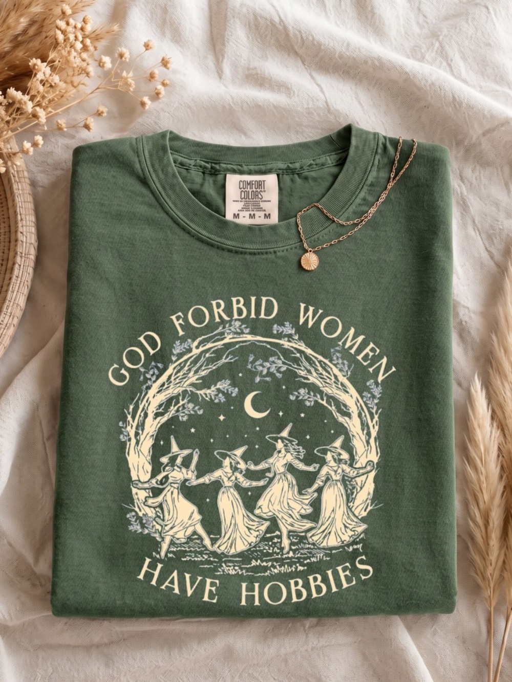 Comfort Colors Green Graphic Tee with Cream Witchy Design